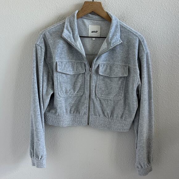 American Eagle Aerie Light Gray Utility Jacket Ribbed Crop Front Zip Small - Picture 1 of 7